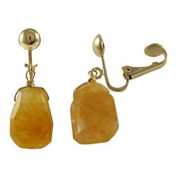 Honey Semi Precious Stone On Gold Tone Brass Clip On Earrings- 1.38 