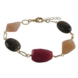 Garnet Combination Semi Precious Stones, Brass Link Chain,  Bracelet, 7.5" 1"