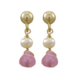 Gold Filled Post Earrings With Dangling White 4Mm Pearl And Pink Color 5X5mm CZ, 0.71 