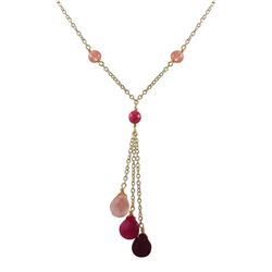 Cherry Quartz Combination Semi Precious Stones Lariat Style Necklace, Gold Plated Brass Chain, 16