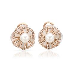 Cultured Pearl W/ Diamonds & MOP Button Earrings In 14K White Gold | 382738