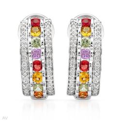 Multi-Colored Sapphire & Diamond Earrings In 14K White Gold | 288786