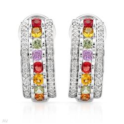 Multi-Colored Sapphire & Diamond Earrings In 14K White Gold | 288786