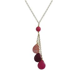 Cherry Quartz And Ruby Combination Semi Precious Teardrop Stone Lariat Style Necklace, Gold Tone Bra
