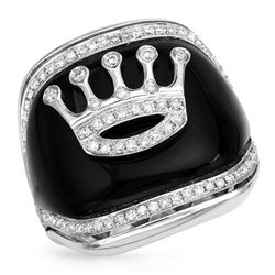 Onyx Inlay W/ Crown Design Diamond Ring In 14K White Gold | 349999