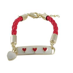 Ivory Enamel Bar With Red Hearts On Red Cord, Gold Plated Brass Bracelet, 5" 1"