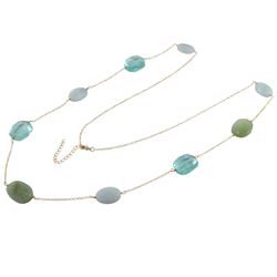 Green Aventurine And Aqua Combination Semi Precious Faceted Chunky Stones On Gold Plated Brass Chain