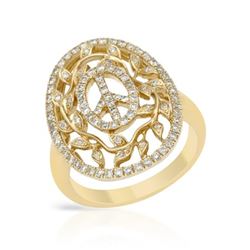 Peace Sign W/ Leaves Accent Diamond Ring In 14K Yellow Gold | 357360