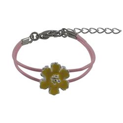 Yellow Enamel Flower On Two Row Pink Cord, Rhodium Plated Brass Bracelet