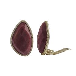 Rhodonite (Pink) Semi Precious Stone, With CZ Border, Gold Plated Sterling Silver Clip Earrings Dime