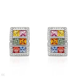 Multi-Colored Sapphire & Diamond Rectangle Earrings In 14K White Gold | 282089