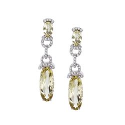 14K White Gold Oval Dangle Lemon Quartz And Diamond Earrings