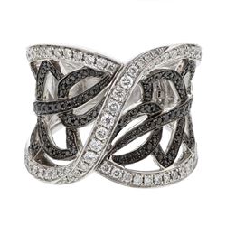 Wide Leaf Black & White Diamond Fashion Ring In 14K White Gold | 378647