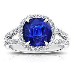 Cushion Cut Blue Sapphire With Diamond Halo Double Band Ring