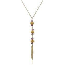 Gold Plated Brass 8Mm Ball And 4Mm Amy Semi Precious Stone Tassel Style Necklace, Gold Plated Brass 