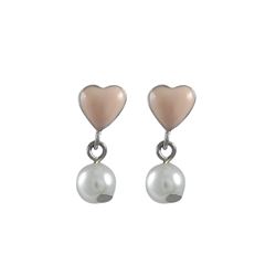 Pink Enamel Heart, Sterling Silver Post Earring, Dangling Pearl