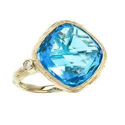 14K Yellow Gold Cushion Cut Blue Topaz And Diamond Ring