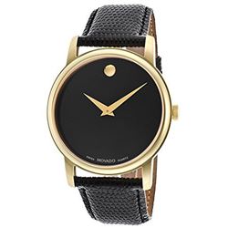 Movado  Museum Classic Black Gold Tone Leather Strap  Men Watch