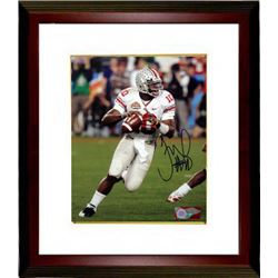 Troy Smith Signed Ohio State Buckeyes 8X10 Photo Custom Framed (White Jersey Rollout-Heisman)