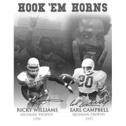 Ricky Williams Signed Texas Longhorns 16X20 B&W Photo Hook Em Horns W/ Earl Campbell (Heisman)