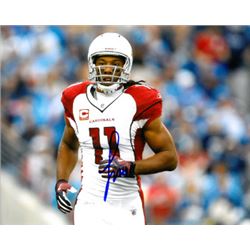Larry Fitzgerald Signed Arizona Cardinals 8X10 Photo #11 (Horizontal White Jersey Blue Sig)