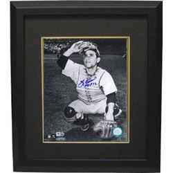 Yogi Berra Signed New York Yankees B&W 8X10 Photo Catching HOF 72 Custom Framed- MLB Hologram