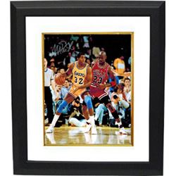 Magic Johnson Signed Los Angeles Lakers 16X20 Photo Custom Framed (Yellow Jersey Post Up Vertical Vs