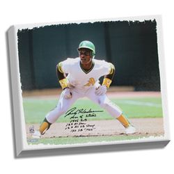 Rickey Henderson Signed Oakland Athletics On Base 20X24 Canvas W/ "Man Of Steal, 1406 SB, 12X All St