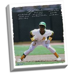 Rickey Henderson Signed MLB 22X26 Canvas W/ "HOF 2009, Man Of Steal, 1990 AL MVP, 2X WS Champ, 10X A