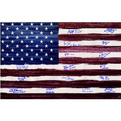 1980 USA Hockey Team Signed American Flag 20X32 Photo W/ Inscriptions (16 Signatures) (L/E 80)