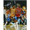 Image 1 : Magic Johnson Signed Los Angeles Lakers 16X20 Photo (Yellow Jersey Post Up Vertical Vs Michael Jorda