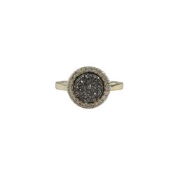 Gold Plated Sterling Silver, 11Mm Round Circe, 8Mm Grey Druzy Natural Stone With CZ Border, Ring Siz