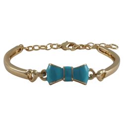 Turquoise Enamel Bow, Gold Plated Brass Bangle Bracelet, 5.5" 1"