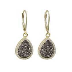 Gold Plated Sterling Silver, 12X15.5Mm Teardrop, Grey 8.5X11.5Mm Druzy Natural Stone With CZ Boredr,