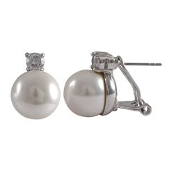 White 12Mm Shell Pearl With 5Mm CZ, Rhodium Plated Post Clip Earrings Dimensions: 17Mm Long X 12Mm W