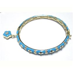 Aqua Enamel Flowers With Flower Charm Gold Tone Brass Bangle