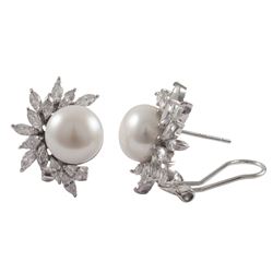 Sterling Silver White Marquise CZ Cluster 10Mm White Freshwater Pearl Post Clip Earrings, 0.79"