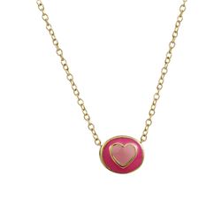 Hot Pink & Lt. Pink Enamel Heart On Circle Pendant Gold Brass Necklace 15"