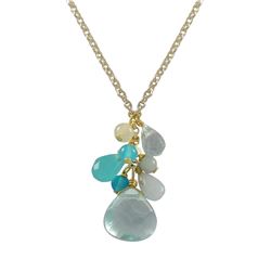 Aqua Teardrop And Round Semi Precious Stone Y Necklace, Gold Plated Brass Chain, 16