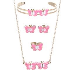 Gold Tone Brass Bangle, Necklace, Ring & Earring Childrens Set With Pink (Rose) Enamel Butterflies