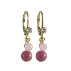 Rhodonite(Pink) 6Mm And Rose Quartz 4Mm Semi Precious Balls Dangling, Gold Plated Surgical Steel Lev