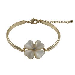 Mother Of Pearl Cat's Eye Stone 20Mm Four Leaf Clover Flower, With White Crystal Center, On Gold Pla