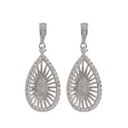 Rhodium Plated Sterling Silver Teardrop Post Earrings With White CZ, 1.10