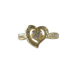 Gold Tone Sterling Silver Hammered Open Heart With CZ Ring Size 5