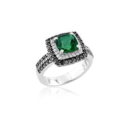 SS CREATED-EMERALD / BLACK/WHITE DIAMOND RING - Size 7 (#9482CR-E)