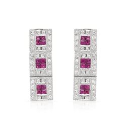 Square Ruby W/ Diamond Drop Earrings In 18K White Gold | 285378