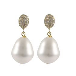 White 12X15mm South Sea Baroque Pearl Dangling On Gold Plated Sterling Silver CZ Post Earrings, 1.02