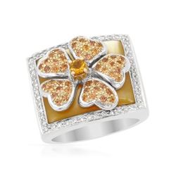 Citrine Flower W/ Gold MOP Diamond Ring In 18K White Gold | 336402