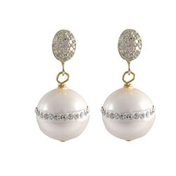 White 12Mm Round Shell Pearl With Crystal Row In Center, On Gold Plated Sterling Silver CZ Post Earr