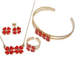 Red & Gold Brass 4 Leaf Clover, Necklace, Bracelet & Earrings Set